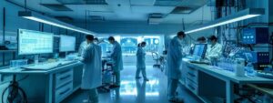 a futuristic urban laboratory bustling with scientists examining advanced geoengineering technologies on digital screens, glowing with data visualizations and climate models, under bright overhead lighting that accentuates the urgency of their work.