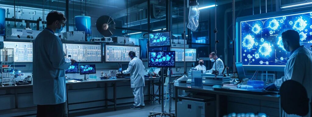 a modern research laboratory filled with high-tech equipment displays scientists engaged in intense discussions over large digital screens showcasing complex climate models and geoengineering simulations, illuminated by bright overhead lights.