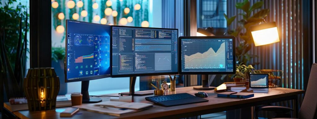 a modern office workspace showcases two distinct sections: one with a focused manual tester analyzing code on a sleek laptop amidst notebooks and pens, and another featuring an automated testing setup with multiple monitors displaying vibrant graphs and analytics.