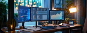a modern office workspace showcases two distinct sections: one with a focused manual tester analyzing code on a sleek laptop amidst notebooks and pens, and another featuring an automated testing setup with multiple monitors displaying vibrant graphs and analytics.