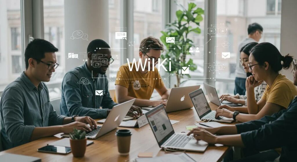 Diverse individuals collaborating on laptops to build a digital wiki, emphasizing community efforts against deepfake misinformation