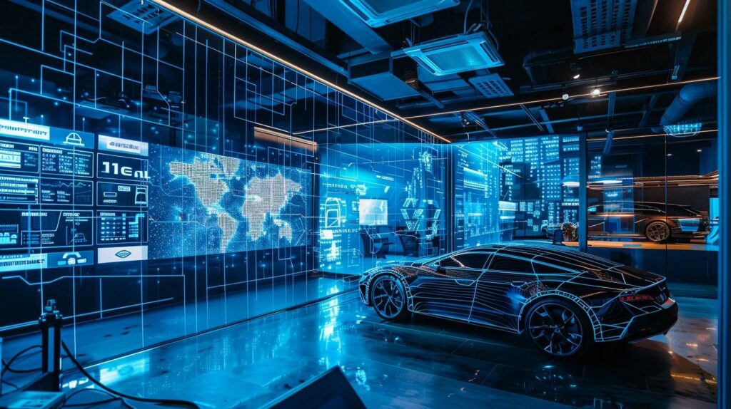 a futuristic office filled with digital screens displaying blockchain technology trends, showing interconnected networks and data flows, alongside a sleek, modern car showcasing the integration of blockchain in the automotive industry.