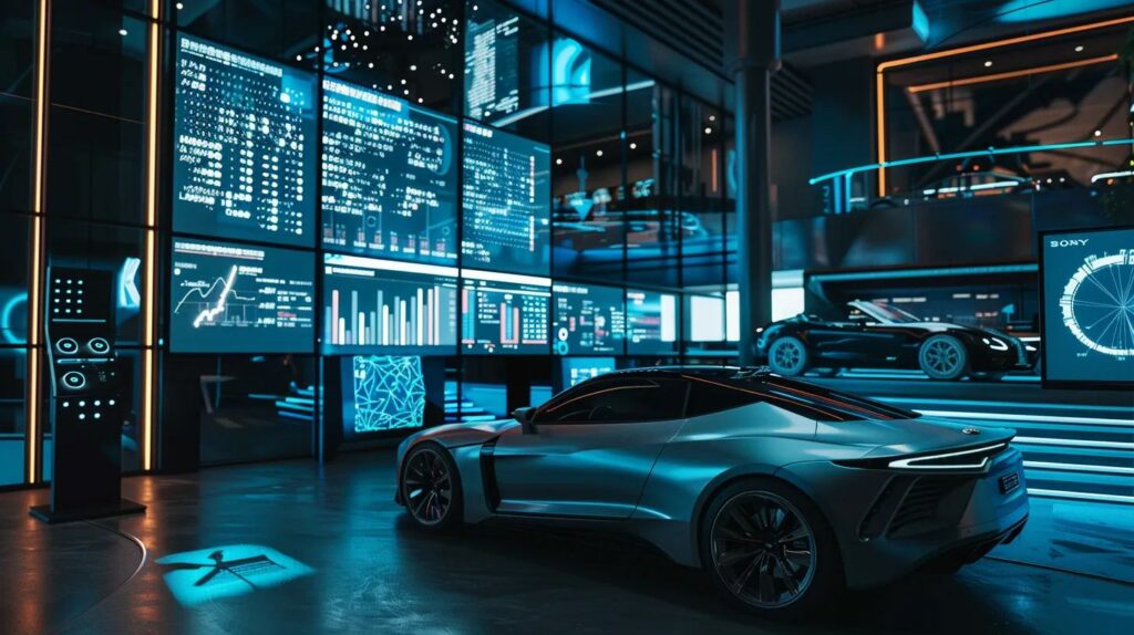 a futuristic urban office space filled with high-tech displays and digital graphs illustrating the rise of defi trends, featuring a sleek electric car parked prominently, symbolising the integration of cryptocurrency in modern financial systems.