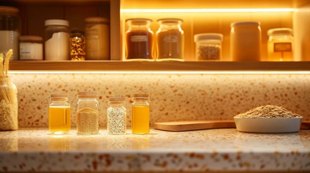 a stylish, modern kitchen countertop is adorned with an array of neatly arranged diy skincare ingredients like jars of honey, oats, and coconut oil, highlighted by warm, inviting lighting that evokes a sustainable and eco-conscious atmosphere.