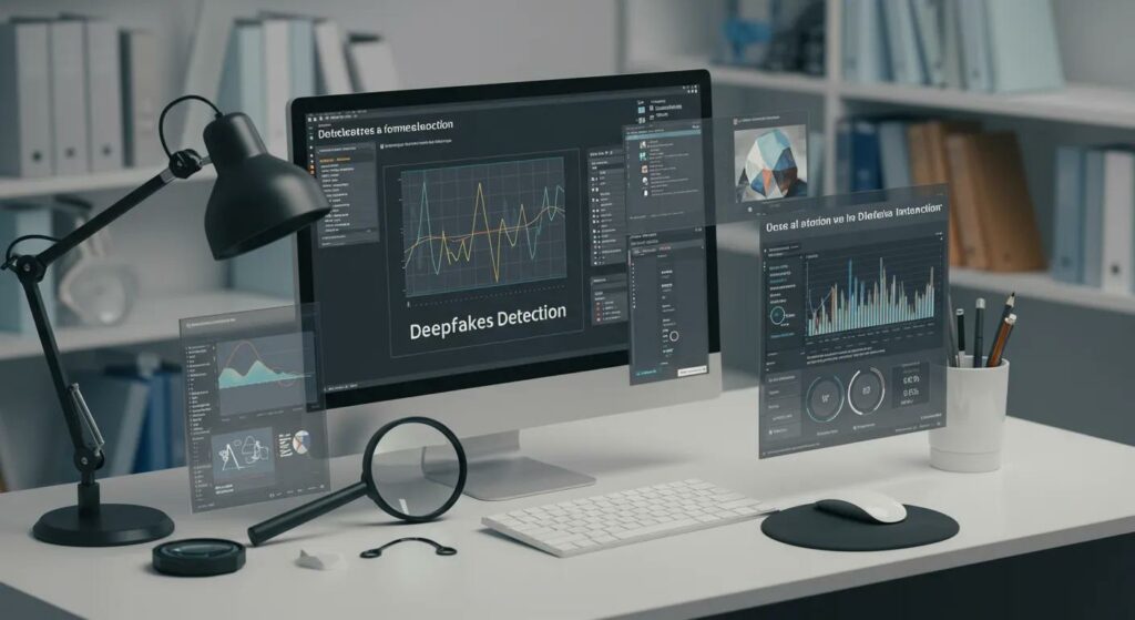 Forensic tools for detecting deepfakes, including software on a computer screen and a magnifying glass, representing detection techniques