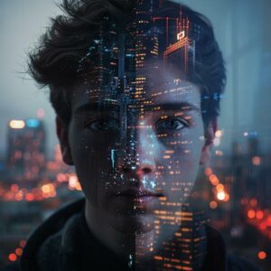 AI deepfakes concept showing a realistic human face alongside a digitally altered version, highlighting the theme of misinformation