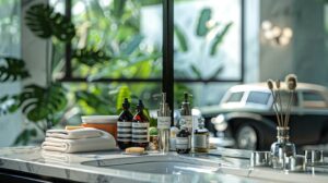 a sleek, contemporary bathroom is adorned with an array of chic skincare products and natural ingredients, elegantly arranged on a marble countertop alongside a stylish, vintage car parked outside the window, exuding a sense of luxury and self-care.