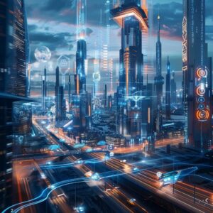 Futuristic cityscape representing 6G technology with advanced wireless connectivity