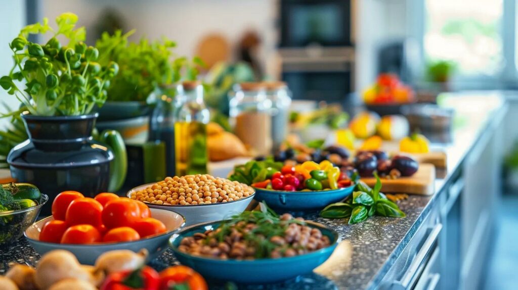 a vibrant, well-organised kitchen countertop displays an array of colourful plant-based foods—fresh vegetables, legumes, and grains—surrounded by sleek kitchen appliances, emphasising the essentials for a nutritious plant-based diet.