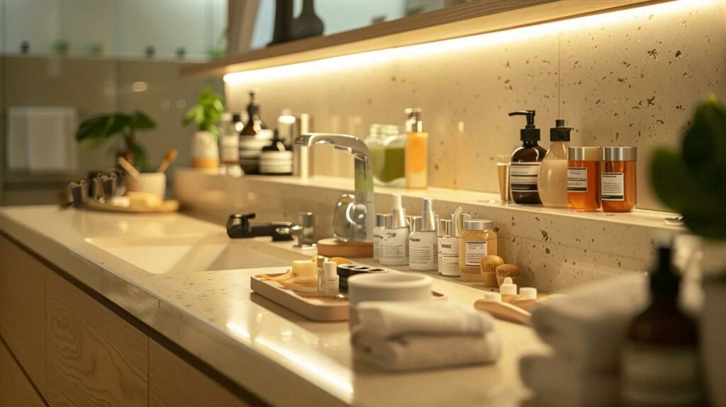a pristine, modern kitchen countertop is meticulously organised with an array of professional skincare-making tools and vibrant, high-quality ingredients, all under bright artificial lighting that highlights the importance of safety and precision in diy skincare preparation.