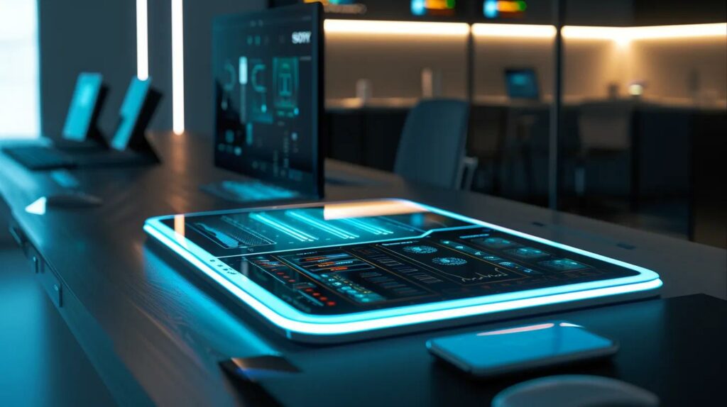 a sleek, modern office desk equipped with advanced technology displays a mental health app interface on a tablet, seamlessly integrating real-time biometric data and ai-driven features, bathed in soft, ambient lighting that evokes a calm and focused atmosphere.