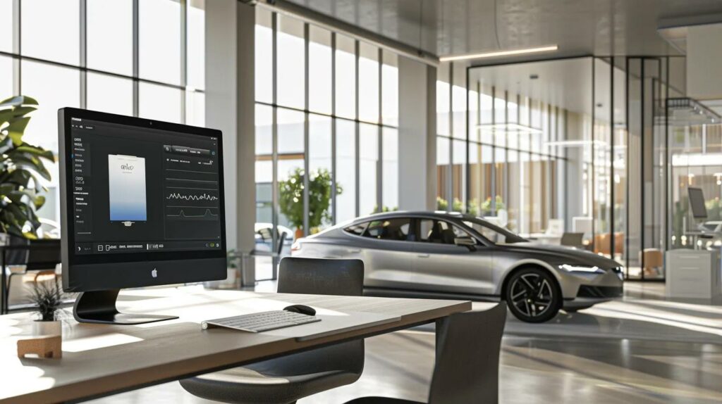 a sleek, modern office workspace featuring a high-tech computer screen displaying an innovative mental health app interface, complemented by a stylishly parked electric car visible through a large window, radiating a sense of progress and well-being in 2025.