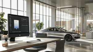 a sleek, modern office workspace featuring a high-tech computer screen displaying an innovative mental health app interface, complemented by a stylishly parked electric car visible through a large window, radiating a sense of progress and well-being in 2025.