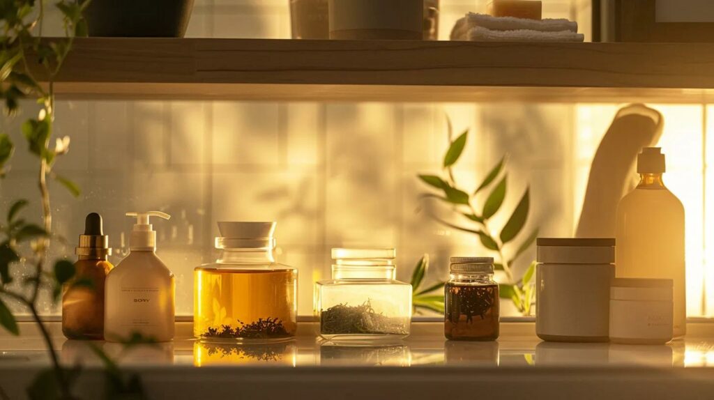 a sleek, modern bathroom vanity featuring an array of elegant diy skincare products, including jars of honey, crumbled green tea leaves, and a bottle of tea tree oil, all bathed in soft, warm lighting that highlights their natural textures and vibrant colours.