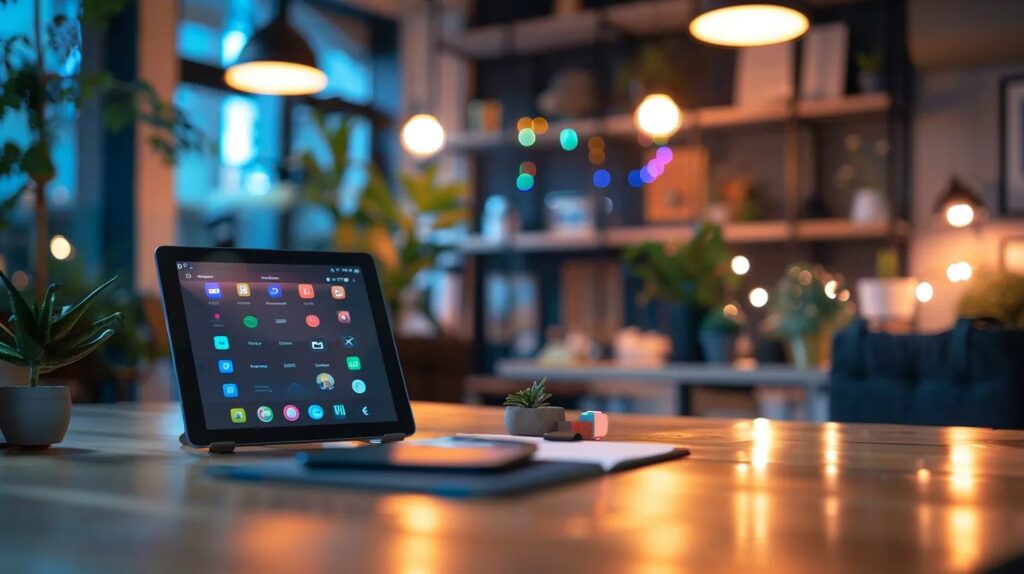 a sleek, modern office workspace showcases a digital tablet displaying a mental health app interface, with a subtle ambient glow and a backdrop of abstract motivational art, symbolising the integration of cognitive behavioural therapy and mindfulness.
