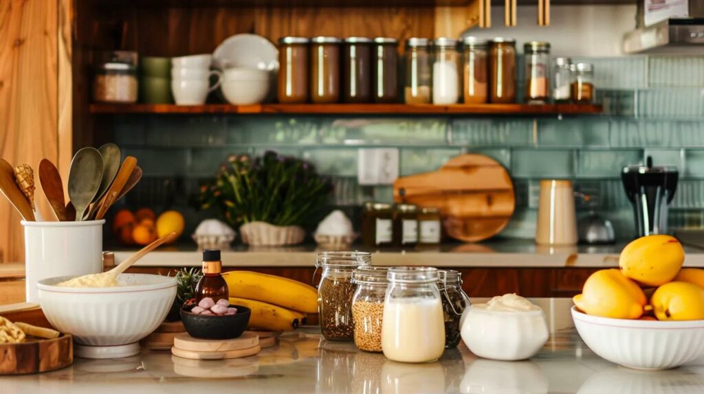 a vibrant kitchen scene captures a sleek countertop adorned with a variety of colourful ingredients for homemade face masks, including ripe bananas, jars of honey, and bowls of creamy yogurt, all under warm, inviting lighting that highlights the textures and freshness of each element.