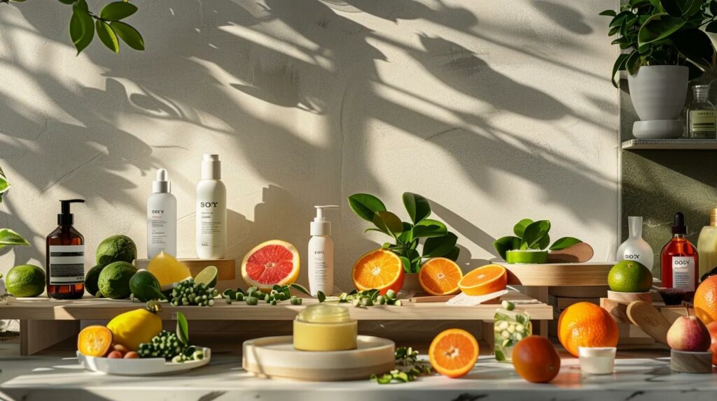 an elegantly arranged urban skincare studio showcases a vibrant assortment of diy skincare ingredients, including fresh fruits and natural extracts, set against a sleek, modern backdrop that reflects a focus on promoting natural radiance and personalised beauty routines.