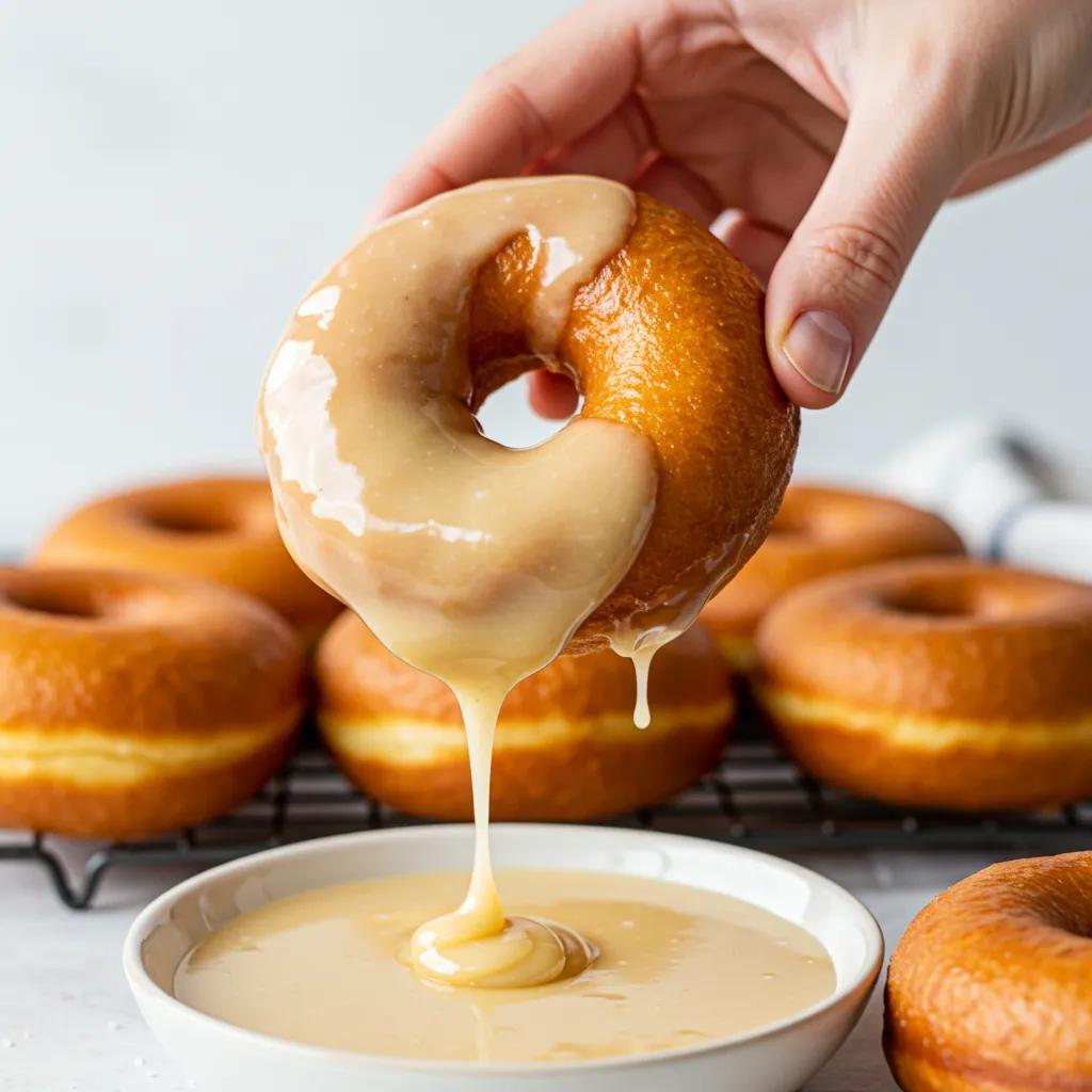 A hand dipping a warm donut into glossy sugar glaze with other glazed donuts in the background