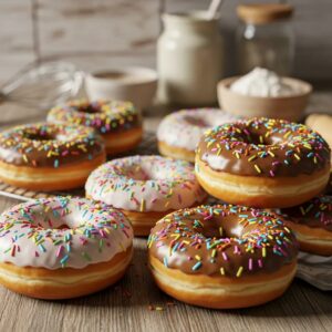 Freshly baked homemade donuts with colorful sprinkles on a rustic wooden table in a warm kitchen