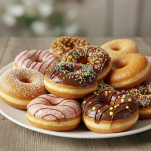 Freshly made homemade donuts with various glazes and toppings on a rustic wooden table