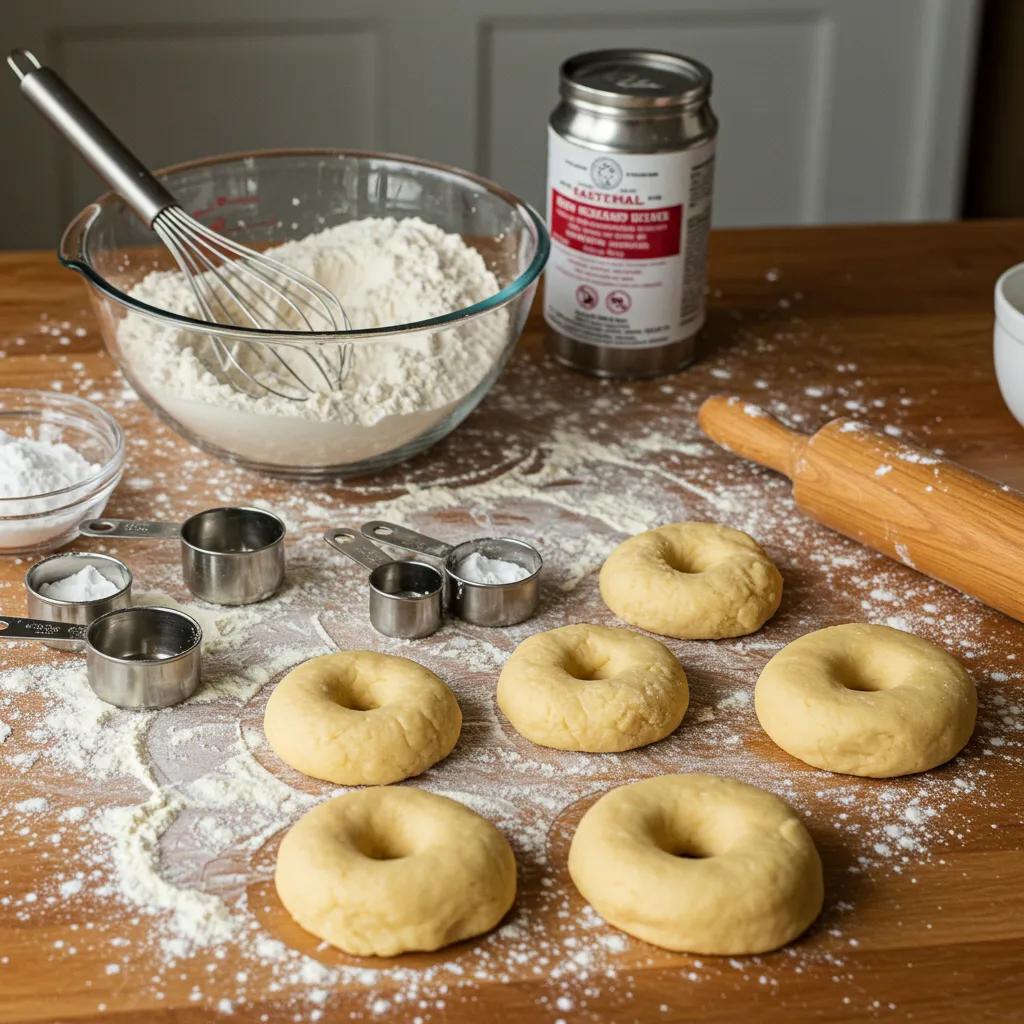 Home baker preparing easy donut dough with flour and ingredients on a kitchen countertop