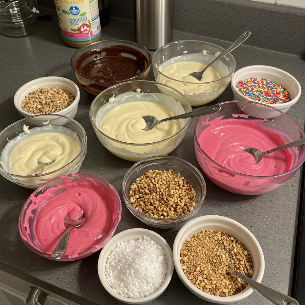 Variety of colorful donut glazes and toppings displayed on a kitchen counter